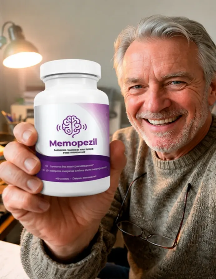 Happy senior man holding Memopezil memory support supplement bottle