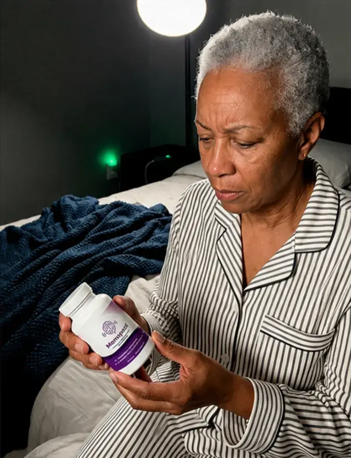 Senior woman holding Memopezil supplement bottle for memory and cognitive support